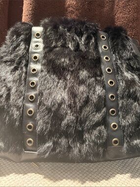 Black real Fur Shoulder Tote with Grommet-Trim Straps